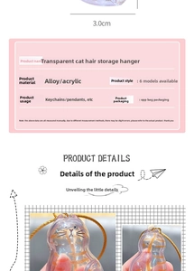 Macro detail of cat-shaped acrylic storage pendant and keychain charms with dimensions