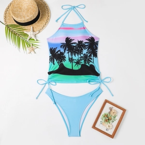 Close-up of tropical palm sunset print bikini top with halter drawstring details
