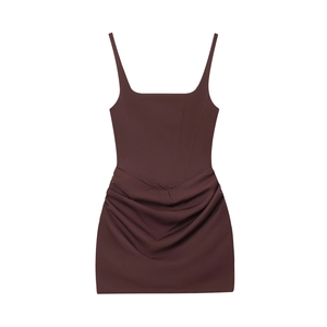 Dark brown bodycon mini dress with corset stitching and ruched details on white background