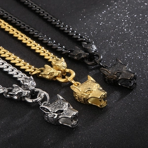 Wolf Head Necklace And Bracelet 316L Stainless Steel Cuban Chain Punk Gothic Biker Jewelry For Men