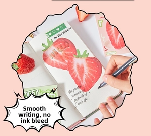 Close-up of strawberry themed sticky notes with fine liner pen for journaling decoration