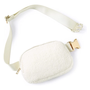 White plush waist bag with adjustable strap and gold metal hardware for fashion styling