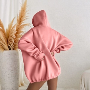 Pink drawstring hoodie for women, loose fit long sleeve sweatshirt shown from a back view