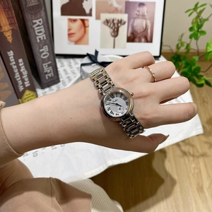 Détail de montre à quartz bicolore élégante avec chiffres romains et bracelet en métal