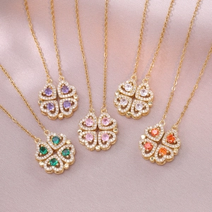 Collier Pendentif Trèfle Coeur Acier Inoxydable Transformation Pliante Magnétique Incrusté De Zircon Bijoux Pour Femmes