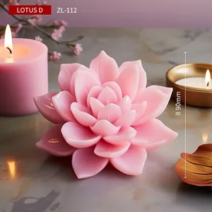 Pink lotus flower candle with detailed petals and warm lighting, 90mm height