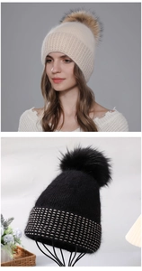 Detailed knit texture and fluffy raccoon fur pompom on women's winter beanie hats