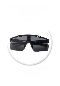 Detailed close-up showing black cycling sunglasses with full UV protection and sporty frame
