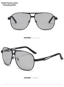 Front and 45-degree angle view of pilot sunglasses with black metal frame and photochromic lenses