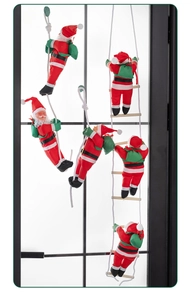 Detailed close-up of Santa Claus climbing ladder decorations hanging on a glass window frame