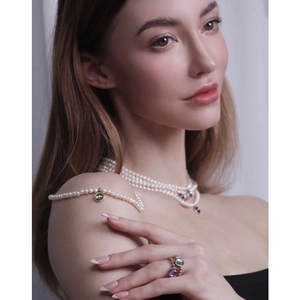 Vintage pearl necklace set with multi-color birthstone pendants and a gold ring
