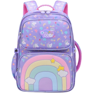 Waterproof ergonomic purple school backpack with cute rainbow and unicorn patterns for girls