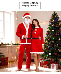 Detail view of red velvet Santa Claus costume for couples with white faux fur trim and belts