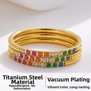 Macro detail of triple-layer titanium steel ring with colorful zircon stones in gold plating