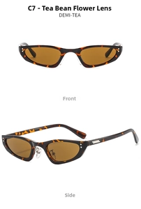 Detail view of retro cat-eye sunglasses in demi-tea frame with metal rivet accents