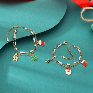 Christmas themed double-layer bracelet with gold alloy chain and festive pendants