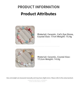 Detailed view of beaded bracelets with opal stones, crystals, and cute cat charms