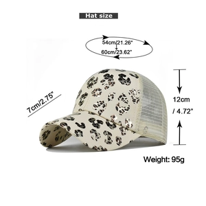 Détails de la casquette léopard avec spécifications de taille et filet respirant