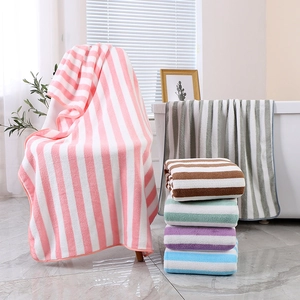 Absorbent coral fleece striped bath towel set in multiple colors for home bathroom