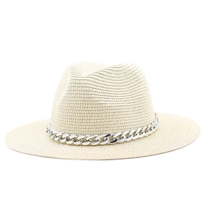 Classic straw fedora hat with silver metal chain decor for sun protection and style