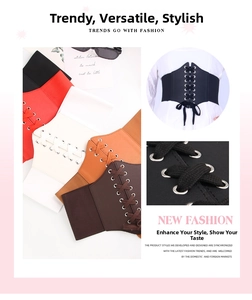 Detail of lace-up elastic waist belts in multiple colors with metallic eyelets