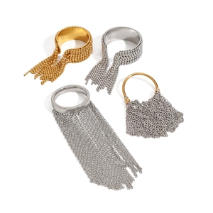 Minimalist 18k gold and silver stainless steel rings with hanging chain tassels