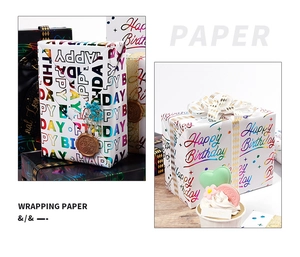 Detail of white birthday wrapping paper with iridescent laser foil Happy Birthday text