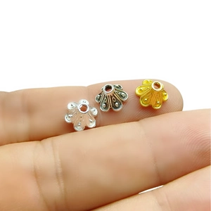 Three-color metal flower bead caps in silver, retro silver, and gold for DIY jewelry