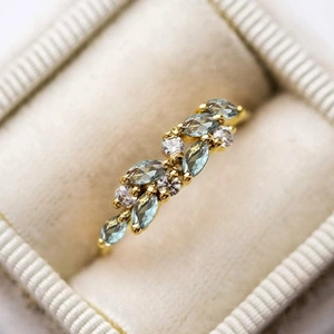 Elegant Leaf Vine Cluster Ring Copper With Blue Marquise Zircon And White Round Stones Jewelry For Women