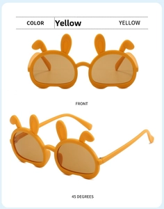 Front and 45-degree angle view of yellow bear-themed foldable kids sunglasses