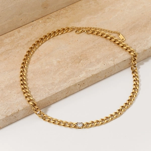 Stainless Steel Cuban Link Necklace With Zircon Pendant Fashion Geometric Clavicle Chain For Women Non Fading