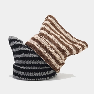 Striped crochet knit beanie with cute cat ears in black grey and beige brown colors