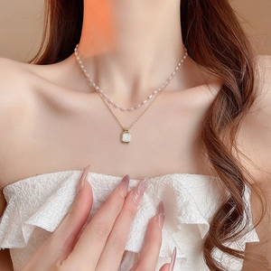 French vintage double layer necklace with rectangle pendant and elegant mini pearls