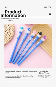 Detail view of five blue rotating astronaut pens with lights on a pink display background