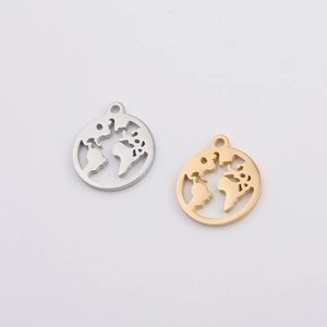 Detailed view of hollow world map pendants in gold and silver mirror finish steel