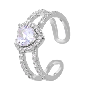 Adjustable silver heart ring with micro-paved cubic zirconia on double-row band