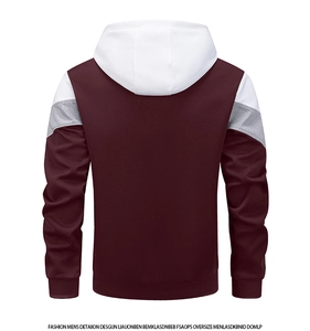 Vista posteriore felpa con cappuccio da uomo bordeaux e bianca con strisce grigie