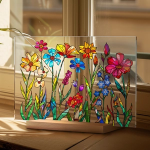 Detail view of floral acrylic art decor with faux glass texture on a wooden stand