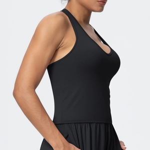 Side view of a black V-neck sports bra with racerback design for gym and yoga workout
