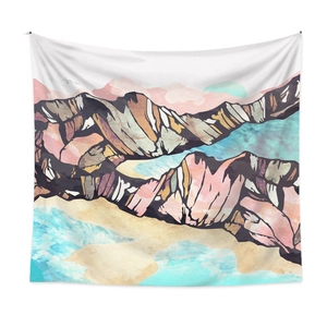Detailed texture of a woven mountain landscape tapestry with pink and teal abstract art