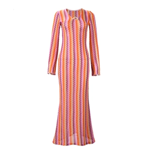 Close-up of V-neckline with gold ring detail on a colorful zig-zag knit long dress