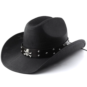 Classic black Western cowboy hat with silver skull ornament and metal studded leather band