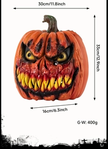 Halloween scary pumpkin ornament showing dimensions 33x30x16cm and weight 400g