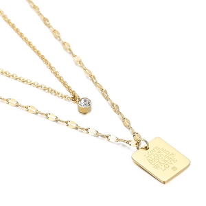 Double-layered gold stainless steel necklace with round zircon and engraved square tag pendant