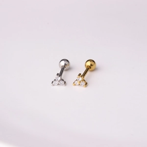 Three-stone cluster zircon screw back stud earrings in silver and gold stainless steel