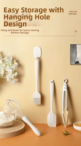 Kitchen utensil set with hanging hole design including whisk and silicone spatula