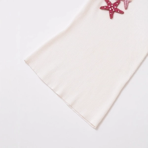 Women's cream ribbed knit tank top with exquisite pink beaded starfish patch decoration