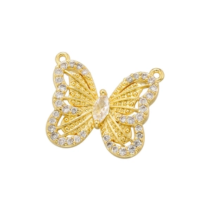 Detailed view of gold plated butterfly pendant connector with sparkling zircon inlay