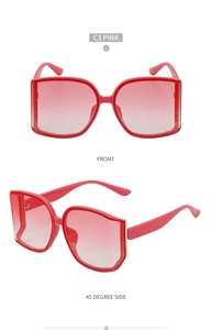 Pink gradient oversized sunglasses showing front and 45-degree side view details