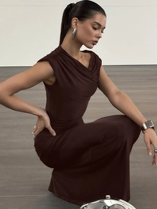 Elegant deep brown satin maxi dress with cowl neck and sleeveless slim fit silhouette
